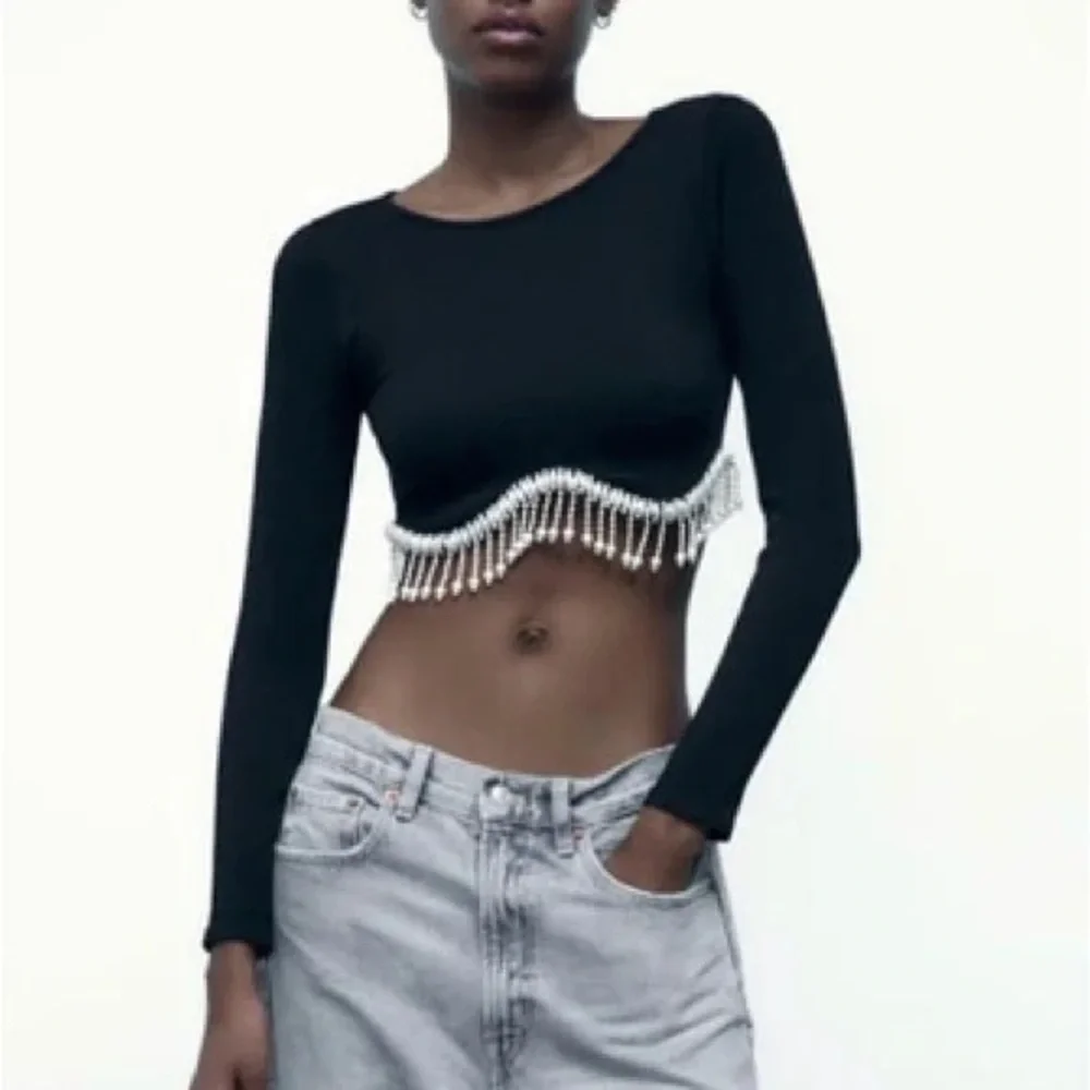 Zara Jewel Detail Crop Top in black with a rhinestone fringe appliqué NWT